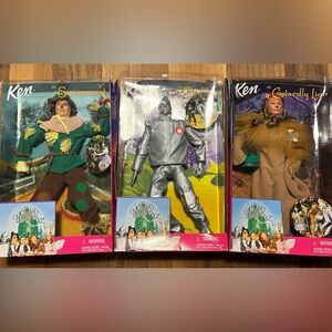 set of 3. vintage wizard of oz barbie's. scarecrow tin man and lion